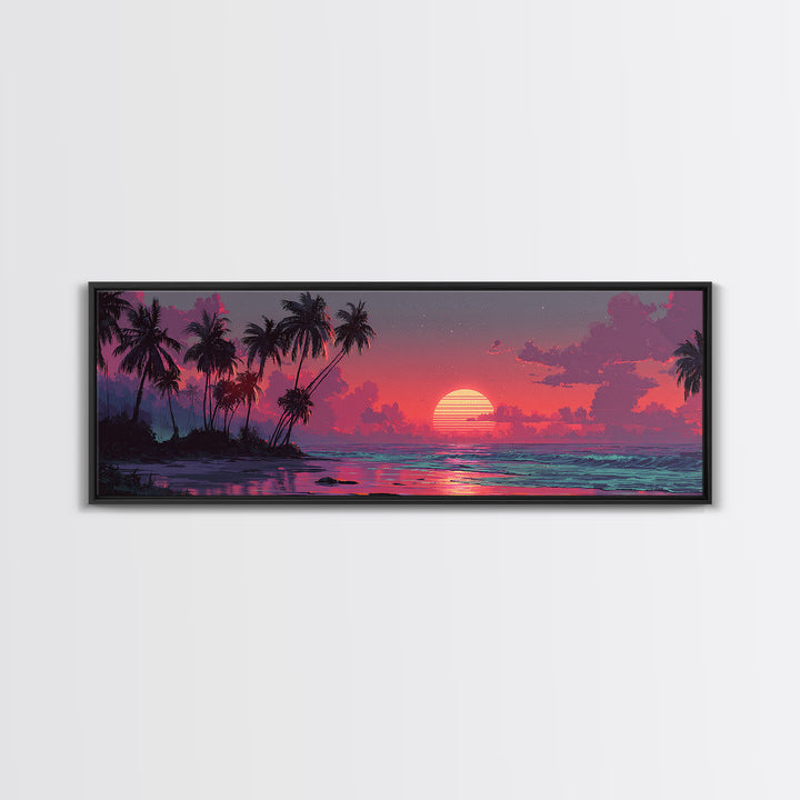 Tropical Island Sunset Canvas Print, Retro Beach Wall Art, Palm Tree Ocean Decor, Modern Coastal Bedroom Poster, Summer Vibes