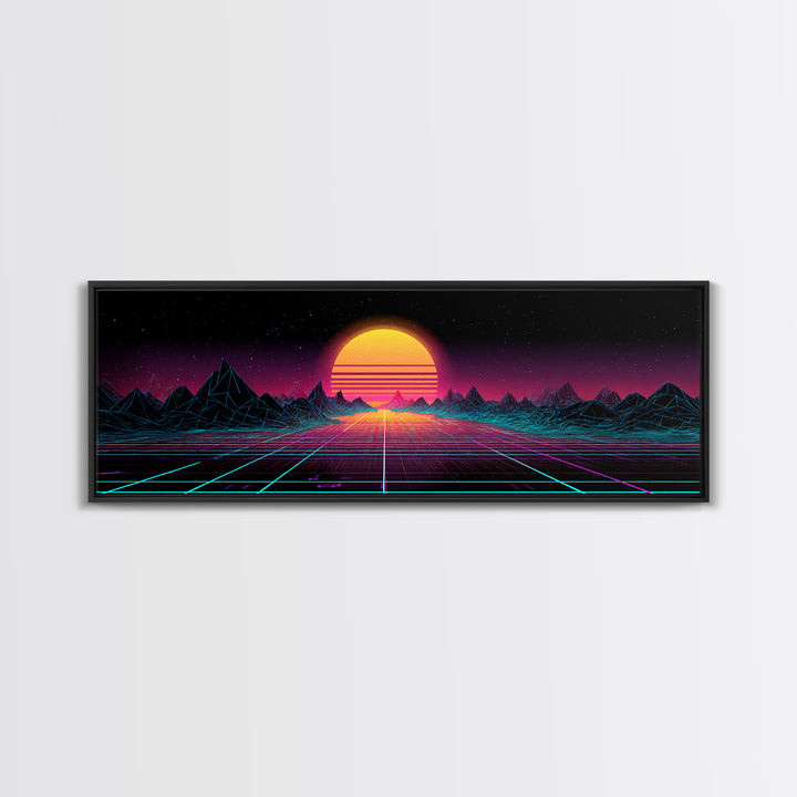 Retro Synthwave Sunset Mountain Wall Art, Vaporwave Canvas Print For Gaming Room Decor, Neon 80s Poster And Dorm Decor Gift