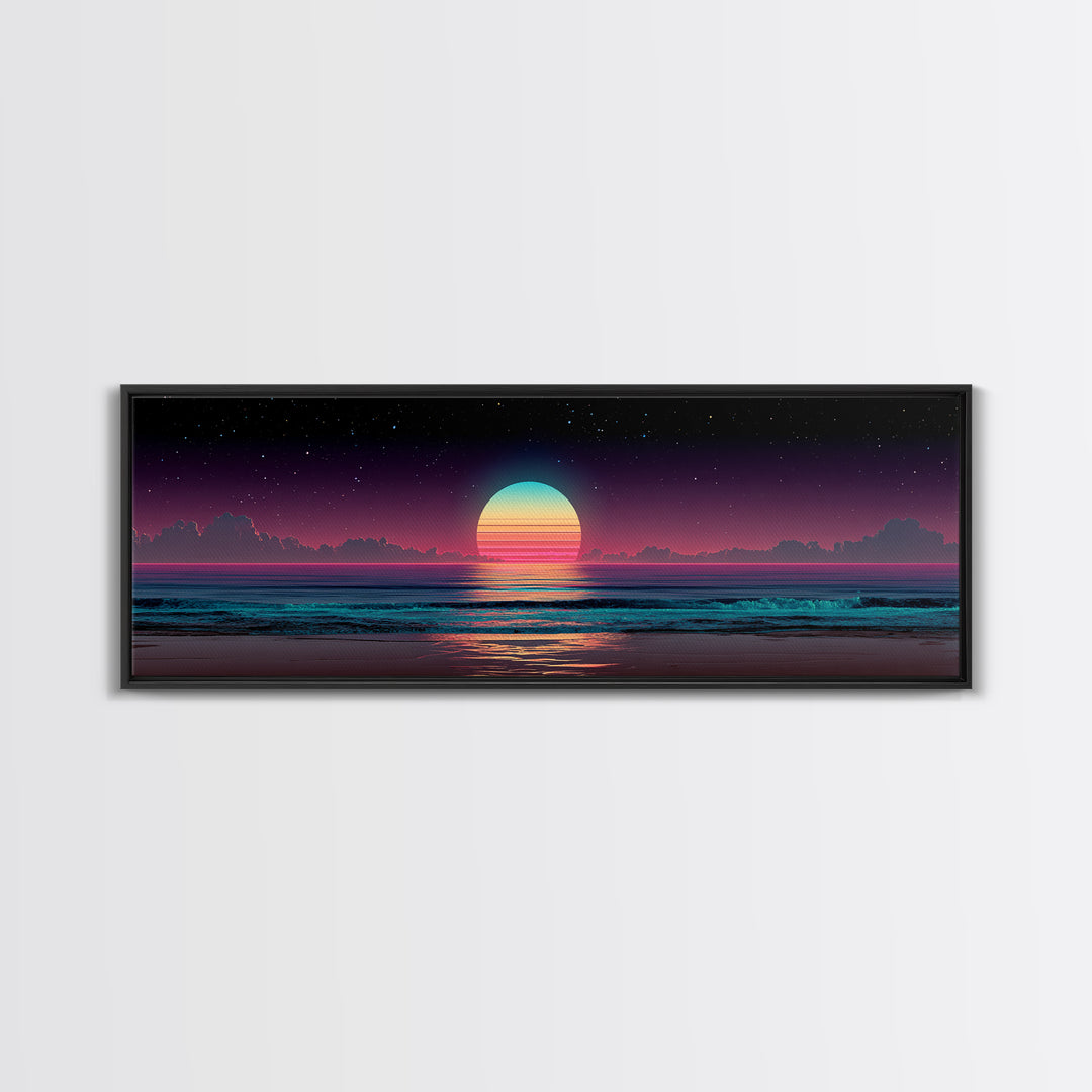 Retro Cosmic Ocean Sunset Canvas Print, Neon Beach Wall Art, Synthwave Seascape, Coastal Decor, Bedroom Poster, Home Decor