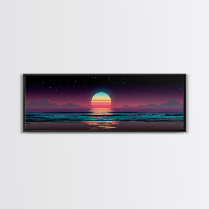 Retro Cosmic Ocean Sunset Canvas Print, Neon Beach Wall Art, Synthwave Seascape, Coastal Decor, Bedroom Poster, Home Decor