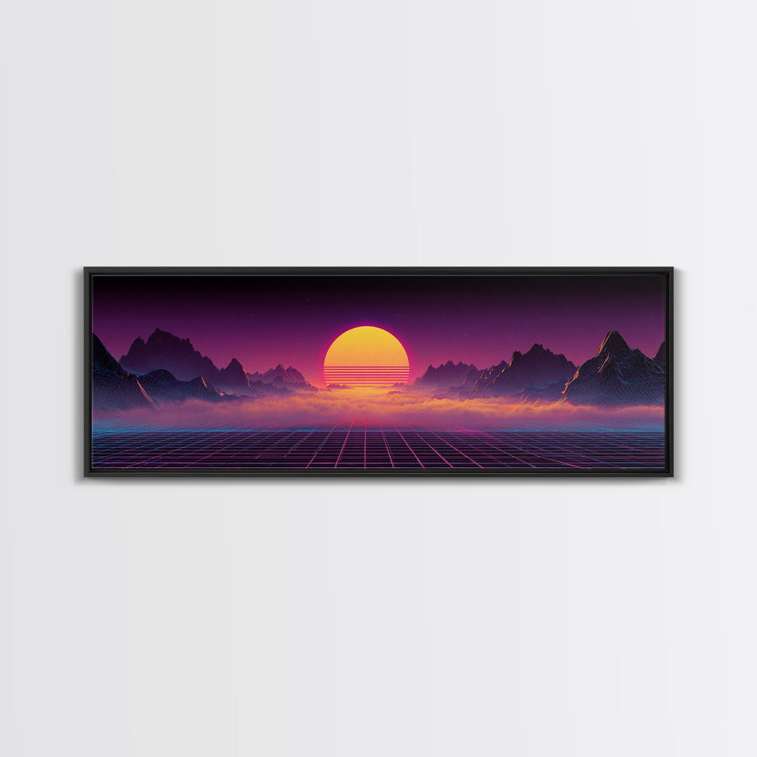 Neon Retro Futuristic Sunset Wall Art, Synthwave Mountain Grid Canvas, Vaporwave Decor, Gaming Room Poster, 80s Art, Cyberpunk Gift