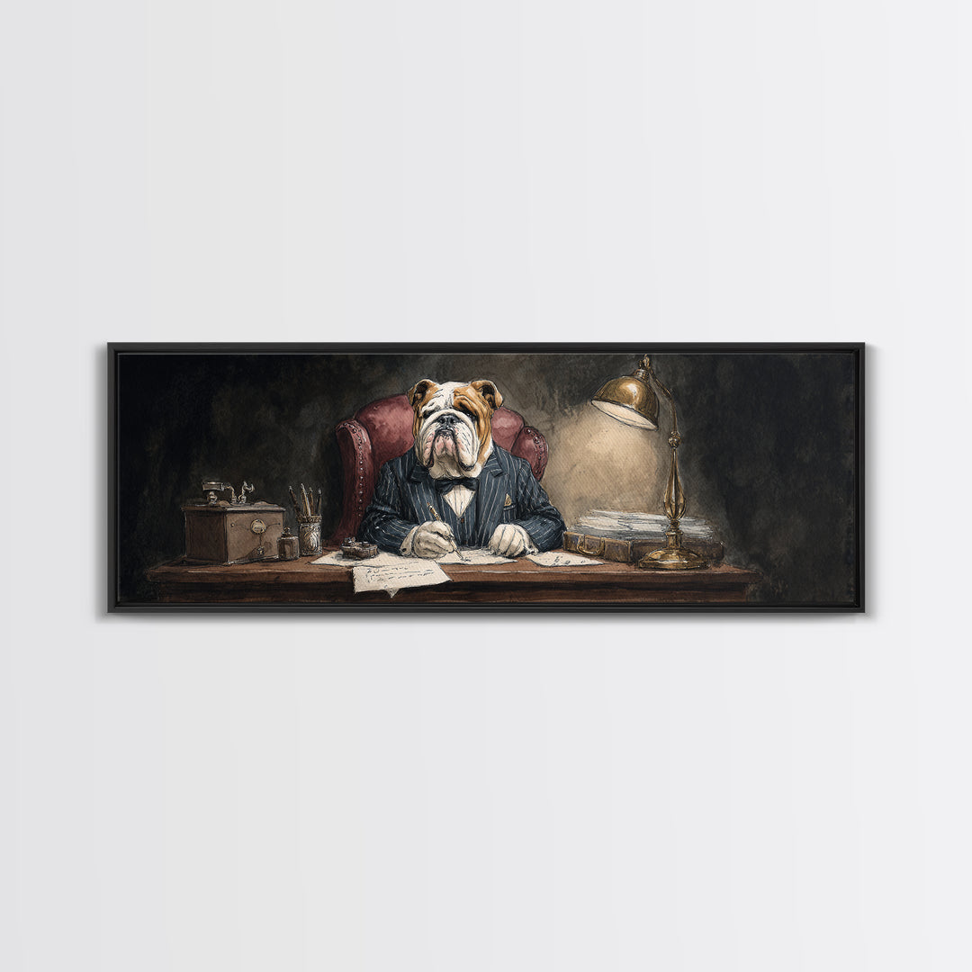Bulldog Lawyer At Desk Framed Canvas Print, Moody Office Wall Art, Funny Animal Portrait For Law Office Decor Housewarming Gift