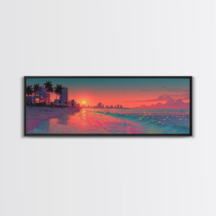 Pixel Art Beach Sunset And Neon Shoreline Wall Art, Miami Coastal Print, Retro Travel Poster, Ocean Decor For Living Room