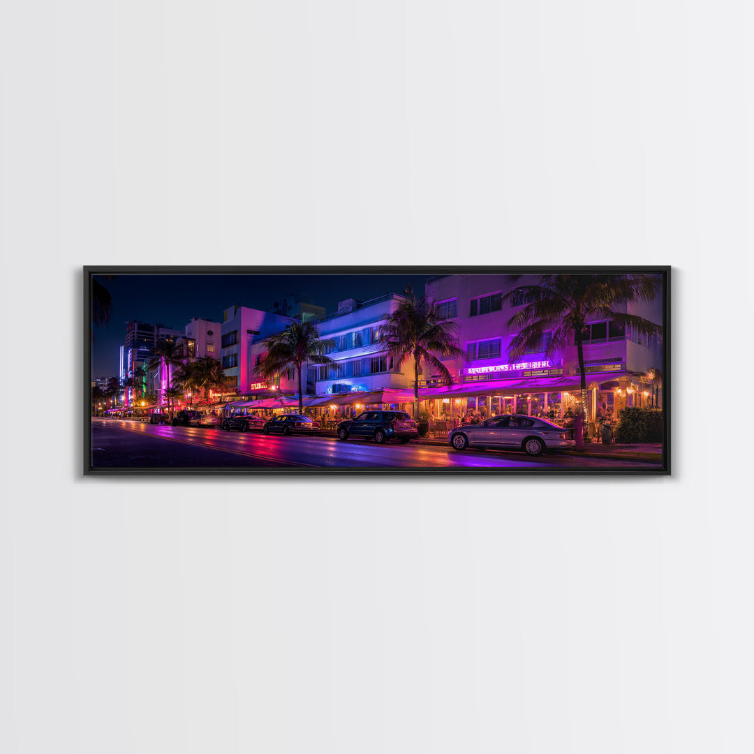 Neon Miami Beach Street Canvas Print, Art Deco Hotel Wall Art, Tropical Nightlife, Travel Poster, Cityscape Home Decor Print