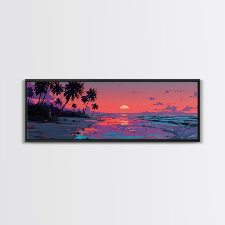 Pink Tropical Island Sunset With Palms Canvas Print, Beach Wall Art, Coastal Home Decor, Ocean Poster, Summer Gift For Her