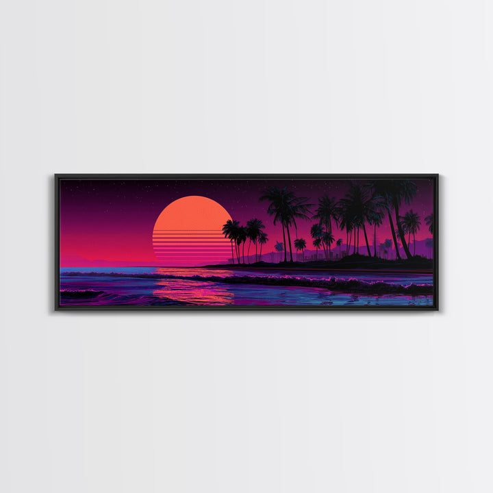 Neon Tropical Palm Sunset Canvas Print, Retro Beach Wall Art, Synthwave Coastal Decor, Vibrant Living Room Poster, Dopamine Decor Gift