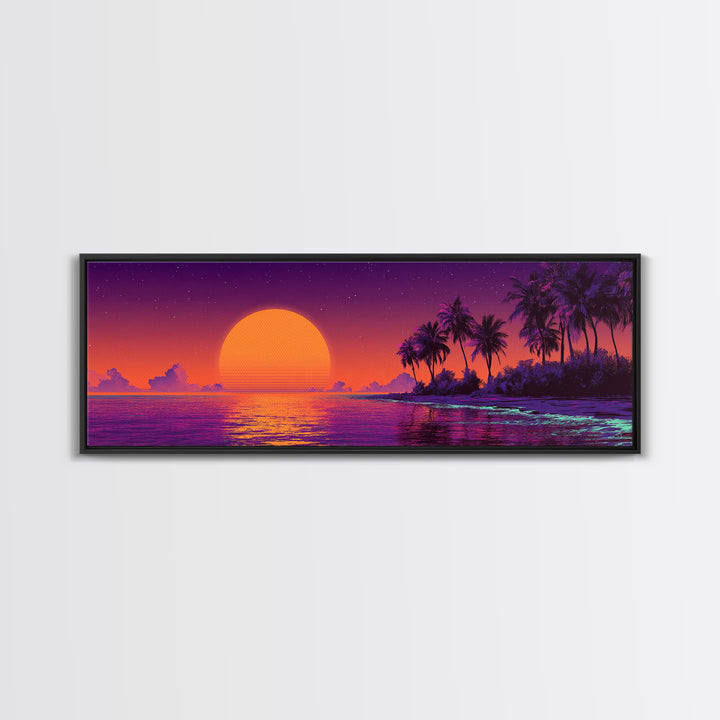 Retro Tropical Sunset Beach Island Wall Art, Purple Ocean Canvas Print, Palm Tree Vaporwave Decor, Coastal Summer Gift For Her
