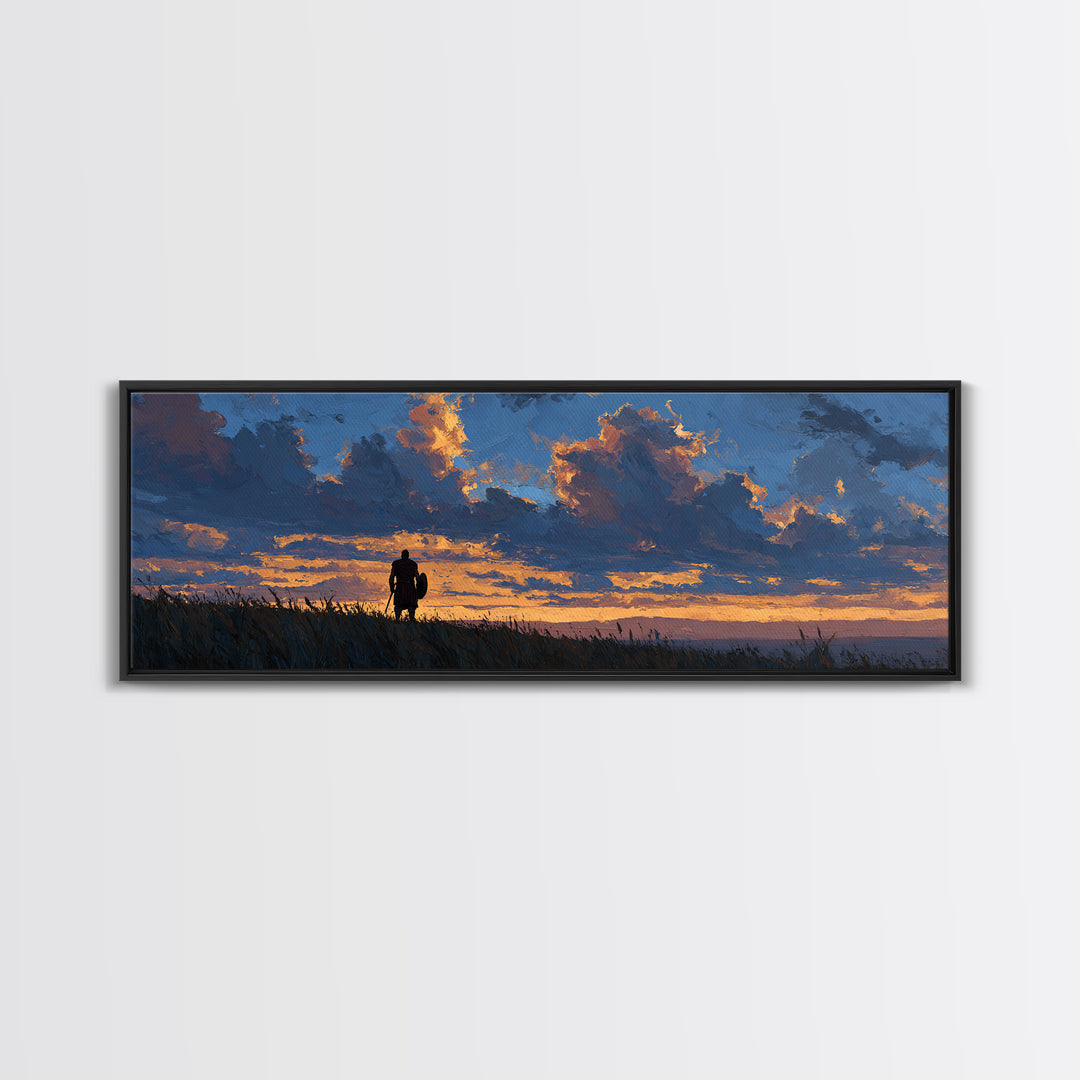 Dramatic Lone Figure Under Fiery Clouds Wall Art, Moody Sunset Landscape Canvas Print, Rustic Nature Decor, Gift For Him Or Her