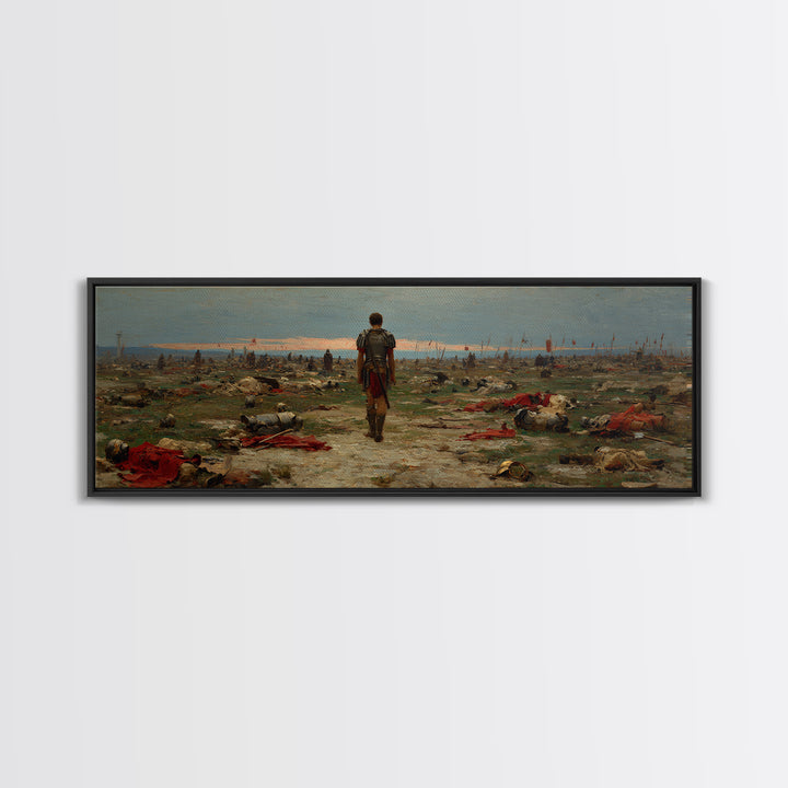 Lone Soldier Crossing Battlefield Wall Art, Panoramic Historical Landscape Canvas Print, Masculine Office Living Room Decor