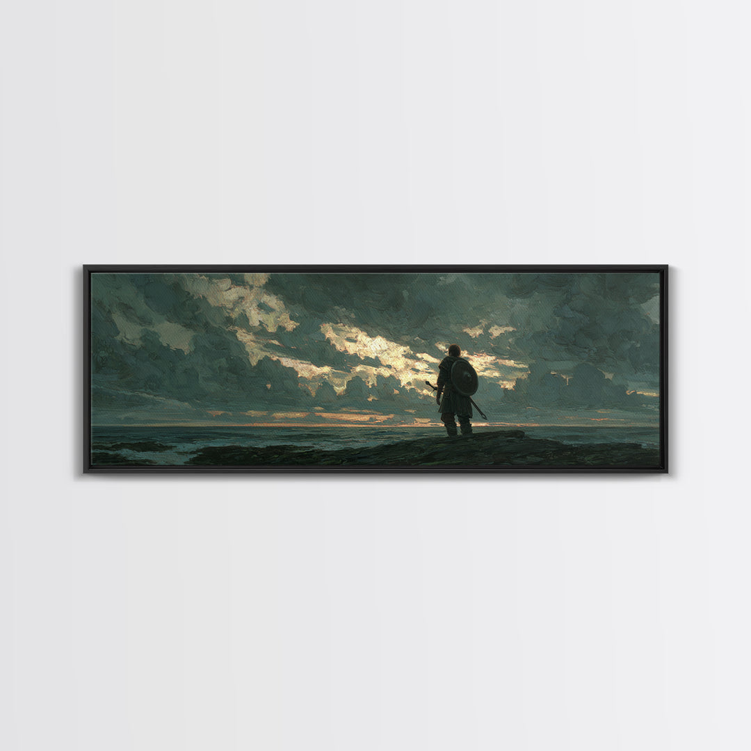 Lone Shield Warrior Under Stormy Coastal Sky Wall Art, Moody Seascape Landscape Print, Masculine Office Decor Gift For Him