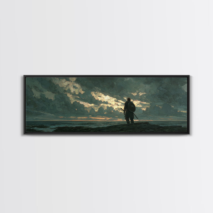 Lone Shield Warrior Under Stormy Coastal Sky Wall Art, Moody Seascape Landscape Print, Masculine Office Decor Gift For Him