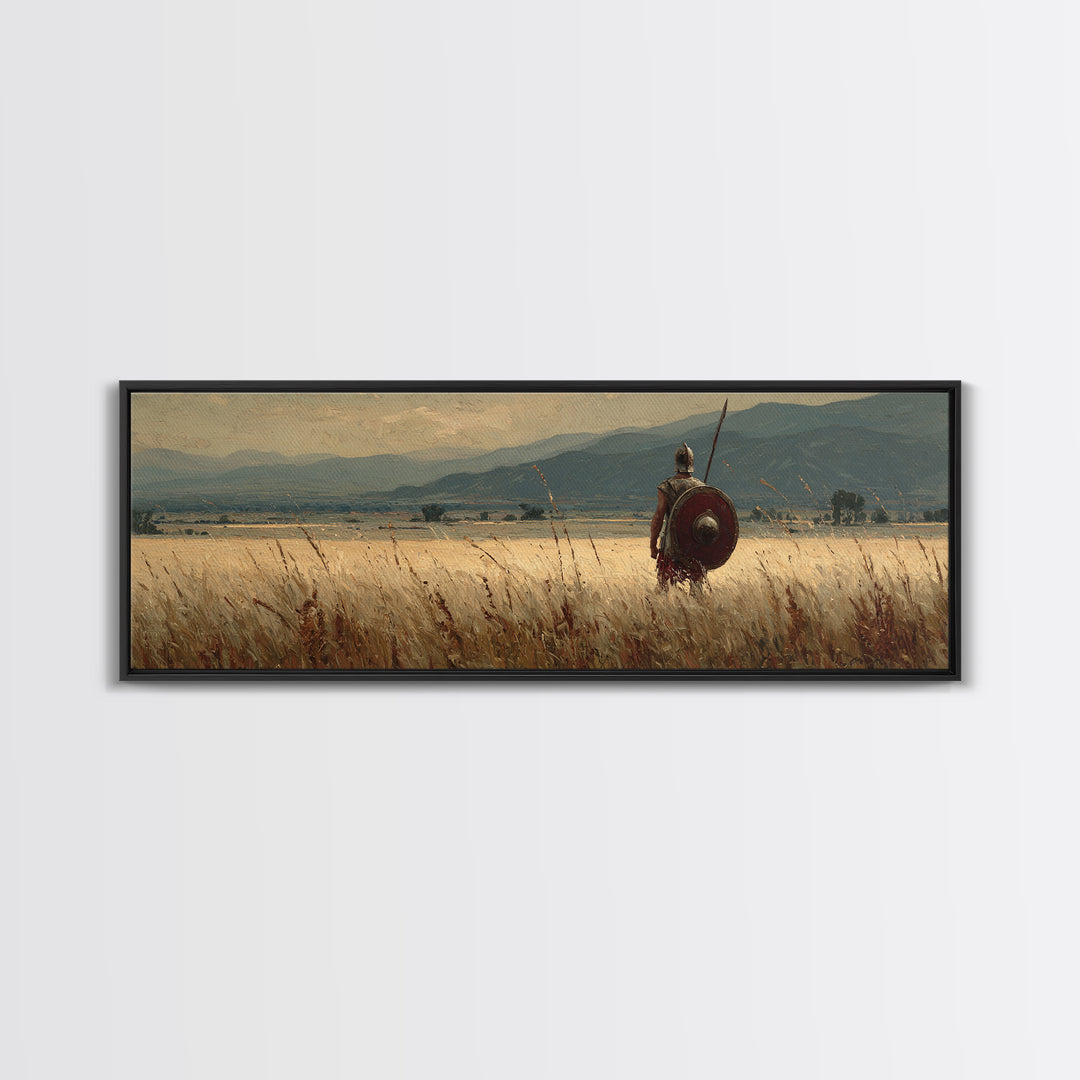 Lone Spearman In Golden Field Canvas Print, Ancient Warrior Landscape, Rustic Wall Art, Historical Decor, Long Horizontal Art