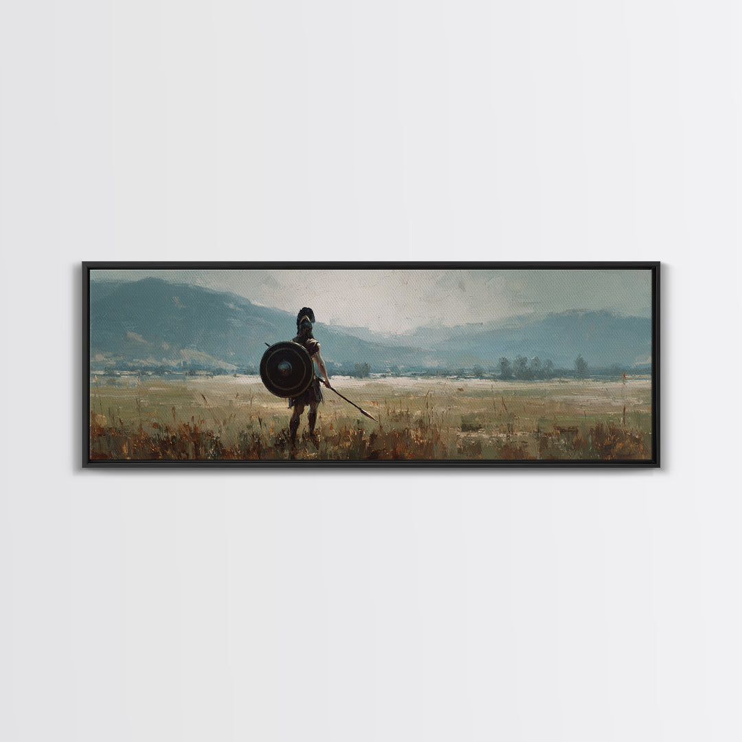 Lone Shield Warrior Landscape Wall Art, Viking Fantasy Canvas, Mountain Battlefield Print, Rustic Medieval Home Decor Gift