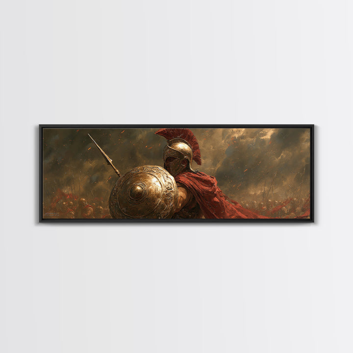 Golden Spartan Warrior With Shield Framed Canvas Print, Greek Mythology Wall Art, Ancient Battle Decor, Gift For Him, Masculine Office Decor