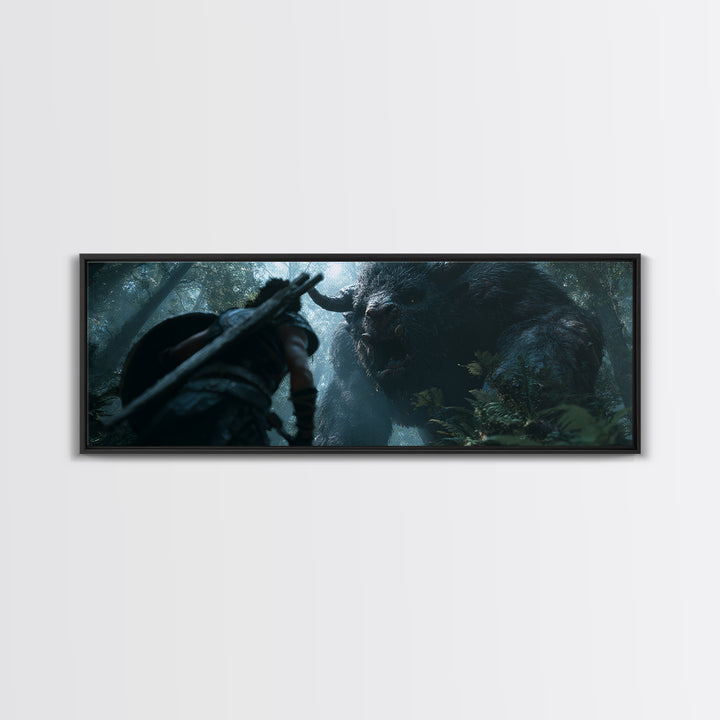 Warrior Facing Giant Forest Beast Canvas Print, Dark Fantasy Wall Art, Mythical Creature Decor, Dramatic Game Room Poster