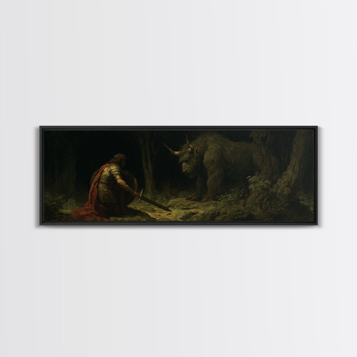 Kneeling Knight Facing Dark Forest Unicorn Wall Art, Mythical Fantasy Canvas Print, Gothic Fairytale Decor Unique Gift For Him