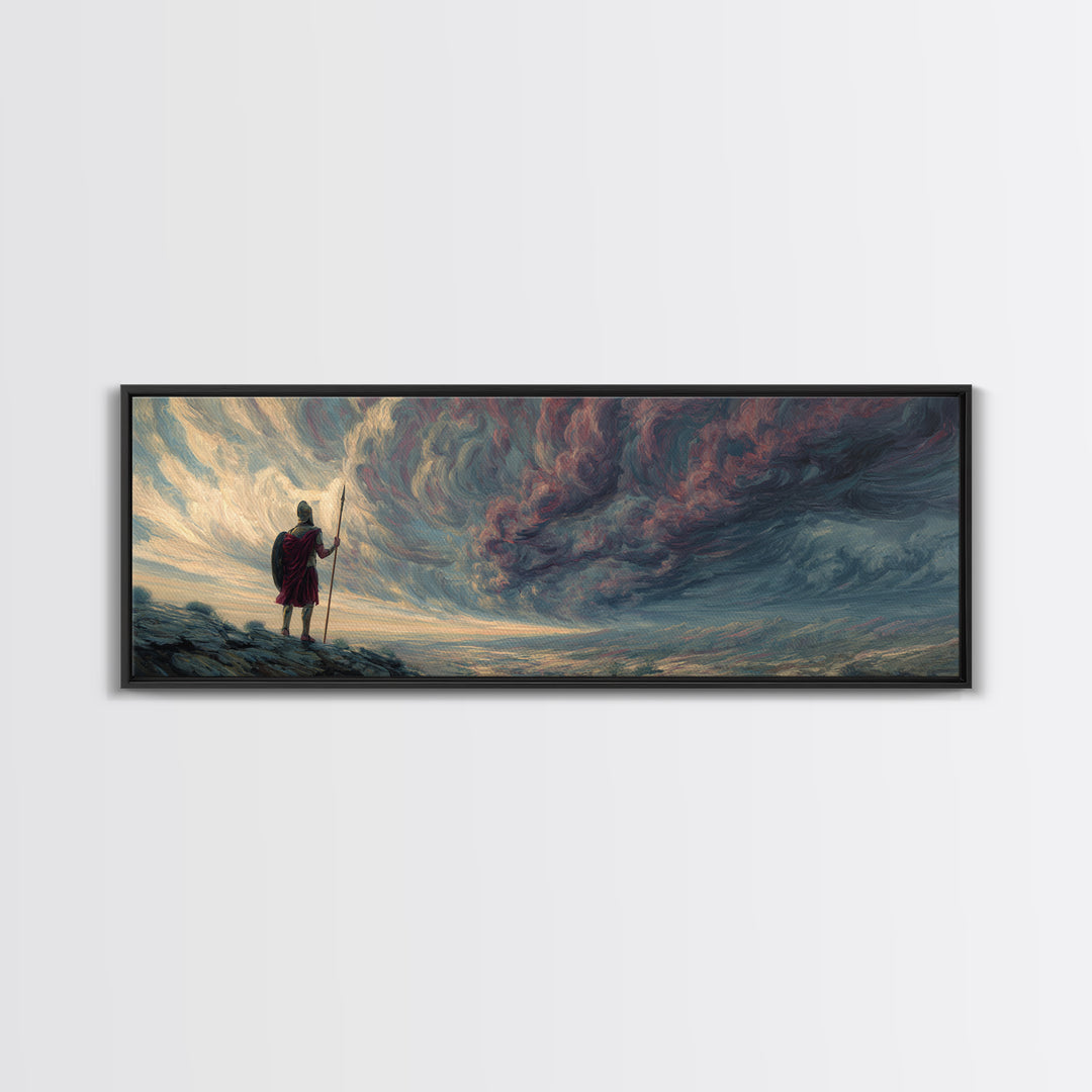 Lone Warrior Under Stormy Sky Wall Art, Dramatic Fantasy Landscape Canvas Print, Moody Large Horizontal Living Room Decor
