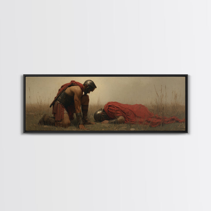 Kneeling Warrior Beside Fallen Soldier Wall Art, Historical Battlefield Canvas Print, Dramatic Masculine Living Room Decor