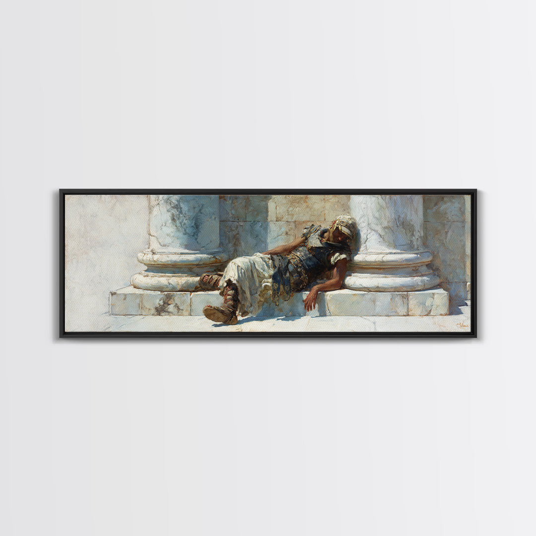 Resting Roman Soldier By Marble Columns Wall Art, Ancient Warrior Oil Painting Print, Classical History Decor, Housewarming Gift