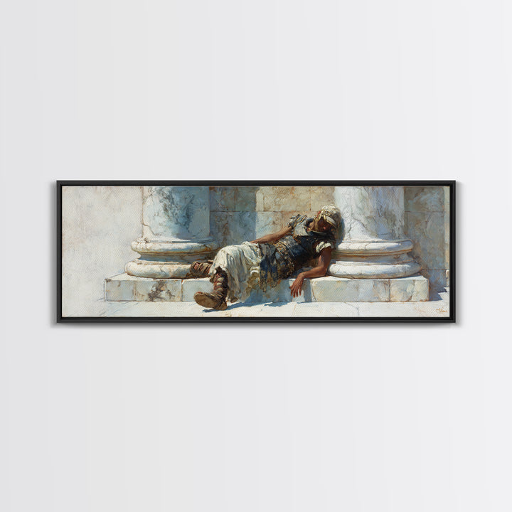 Resting Roman Soldier By Marble Columns Wall Art, Ancient Warrior Oil Painting Print, Classical History Decor, Housewarming Gift