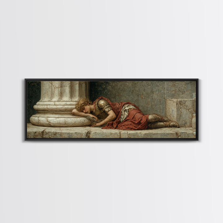 Resting Roman Soldier By Marble Column Framed Canvas Print, Classical Wall Art, Dark Academia Decor, Historical Gift For Him