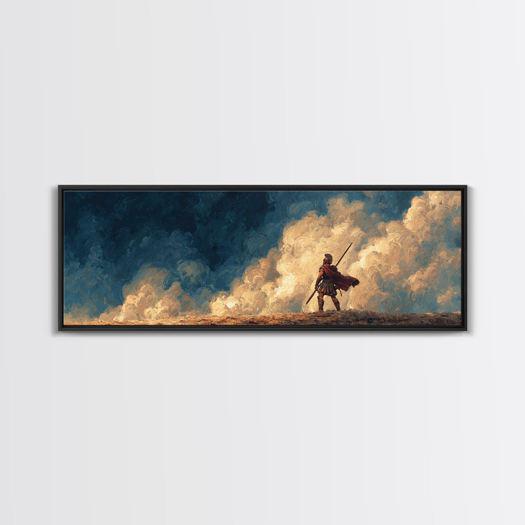 Lone Spearman Facing Golden Clouds Wall Art, Heroic Fantasy Landscape Canvas, Modern Masculine Office Decor Gift For Him