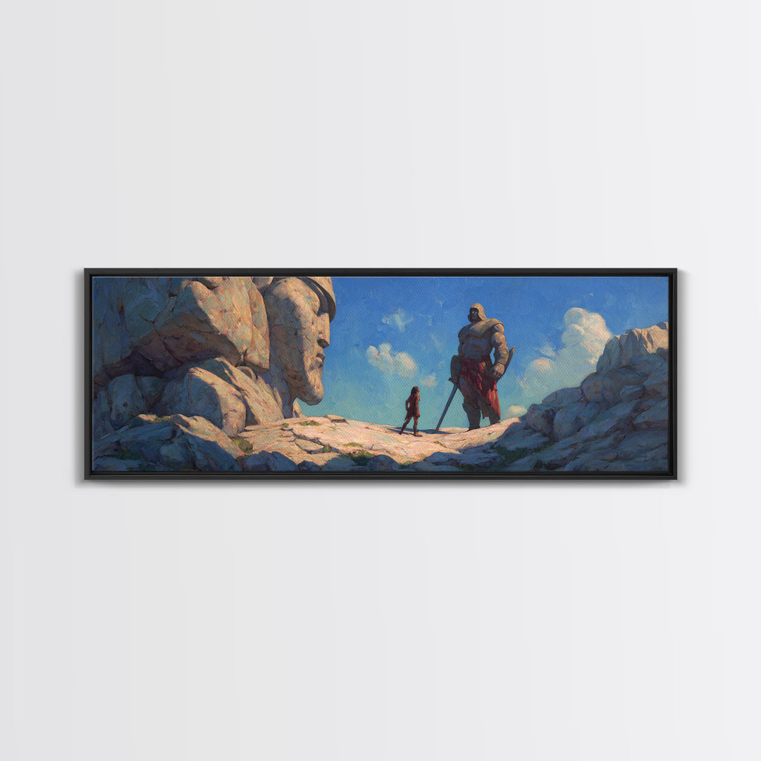 Giant Stone Guardians In Mountain Pass Canvas Print, Epic Fantasy Landscape Art, Dnd Room Decor, Adventure Wall Decor Gift
