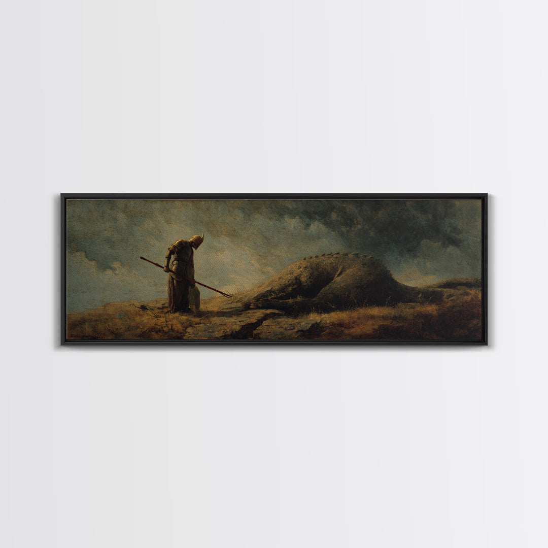 Cloaked Hunter Beside Fallen Giant Wall Art, Dark Fantasy Landscape, Mythical Creature Decor, Gothic Canvas Print, Fantasy Gift