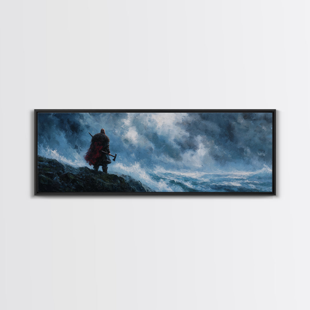 Lone Viking On Stormy Shore Framed Canvas Print, Norse Seascape Wall Art, Moody Coastal Decor, Fantasy Gift For Him, Dramatic Ocean Poster