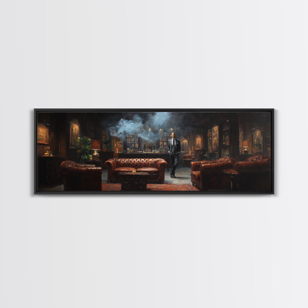 Smoky Gentleman In Leather Lounge Wall Art, Speakeasy Home Bar Canvas Print, Moody Masculine Living Room Decor Gift For Him