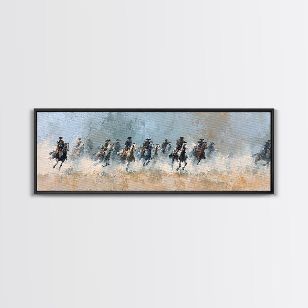 Galloping Horsemen Across Dusty Plains Canvas Print, Western Wall Art, Equestrian Decor, Rustic Living Room Wall Art, Horse Lover Gift