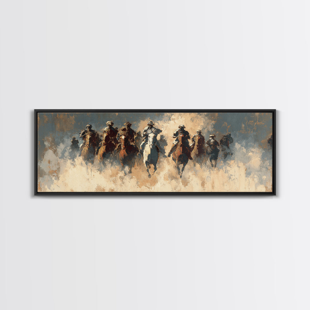 Charging Horsemen In Dusty Plains Wall Art, Abstract Cavalry Battle Painting, Western Decor, Large Horizontal Canvas Print