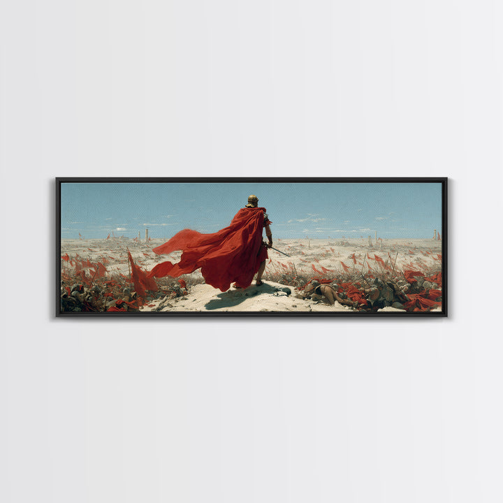 Red Cloaked Commander Over Snowy Battlefield Wall Art, Epic Fantasy Warrior, Historical Canvas Print, Statement Office Decor