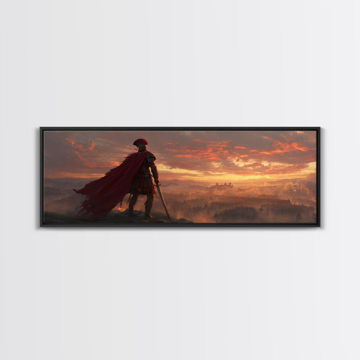 Roman General Over Sunset Empire Wall Art, Red Cape Warrior Landscape, Classical Fantasy Decor, Cinematic Large Canvas Print