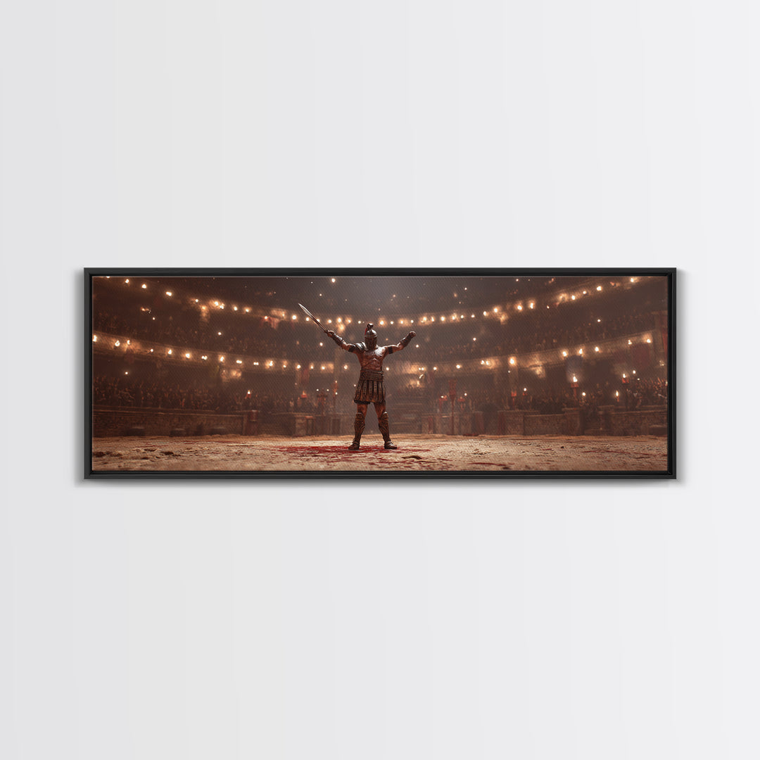 Triumphant Gladiator In Torchlit Arena Wall Art, Roman Warrior Fantasy Canvas, Epic Battle Decor, Cinematic Man Cave Art