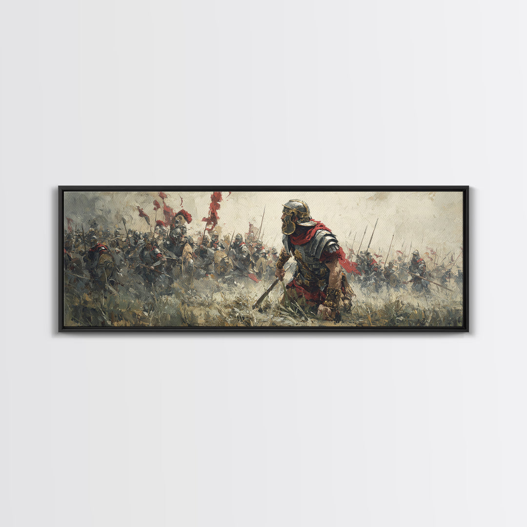 Ancient Warrior Leading Smoky Battlefield Wall Art, Panoramic Historical Battle Canvas, Masculine Office Decor Gift For Him