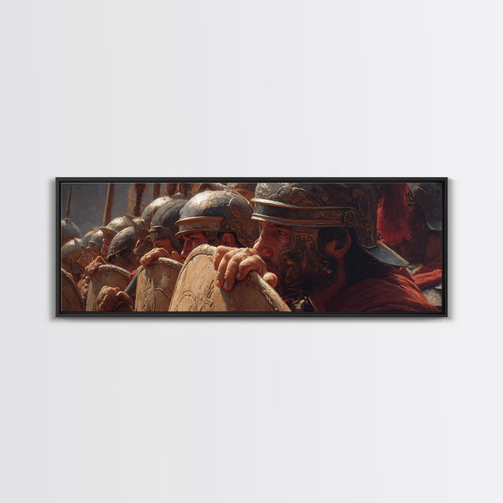 Roman Legion Shield Wall Art, Ancient Soldiers Framed Canvas Print, Historical Battle Decor For Masculine Office And Study