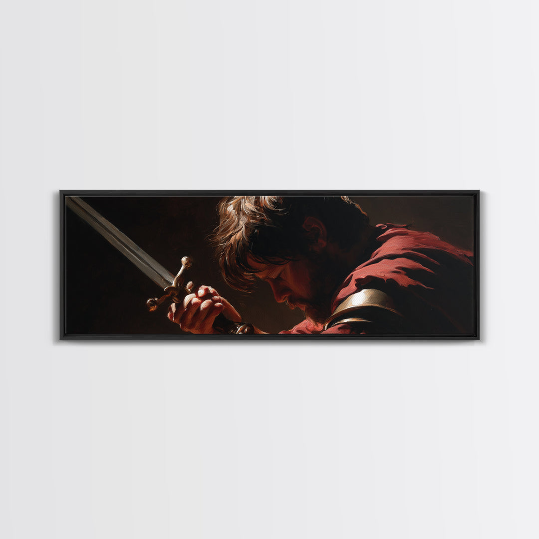 Brooding Warrior Holding Sword Wall Art, Dramatic Baroque Portrait Canvas Print, Masculine Gothic Office And Man Cave Decor