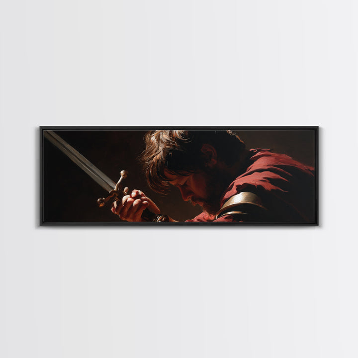 Brooding Warrior Holding Sword Wall Art, Dramatic Baroque Portrait Canvas Print, Masculine Gothic Office And Man Cave Decor