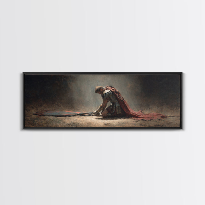 Fallen Roman Soldier With Red Cloak Framed Canvas Print, Classical Warrior Wall Art, Dark Academia Office Decor Gift For Him