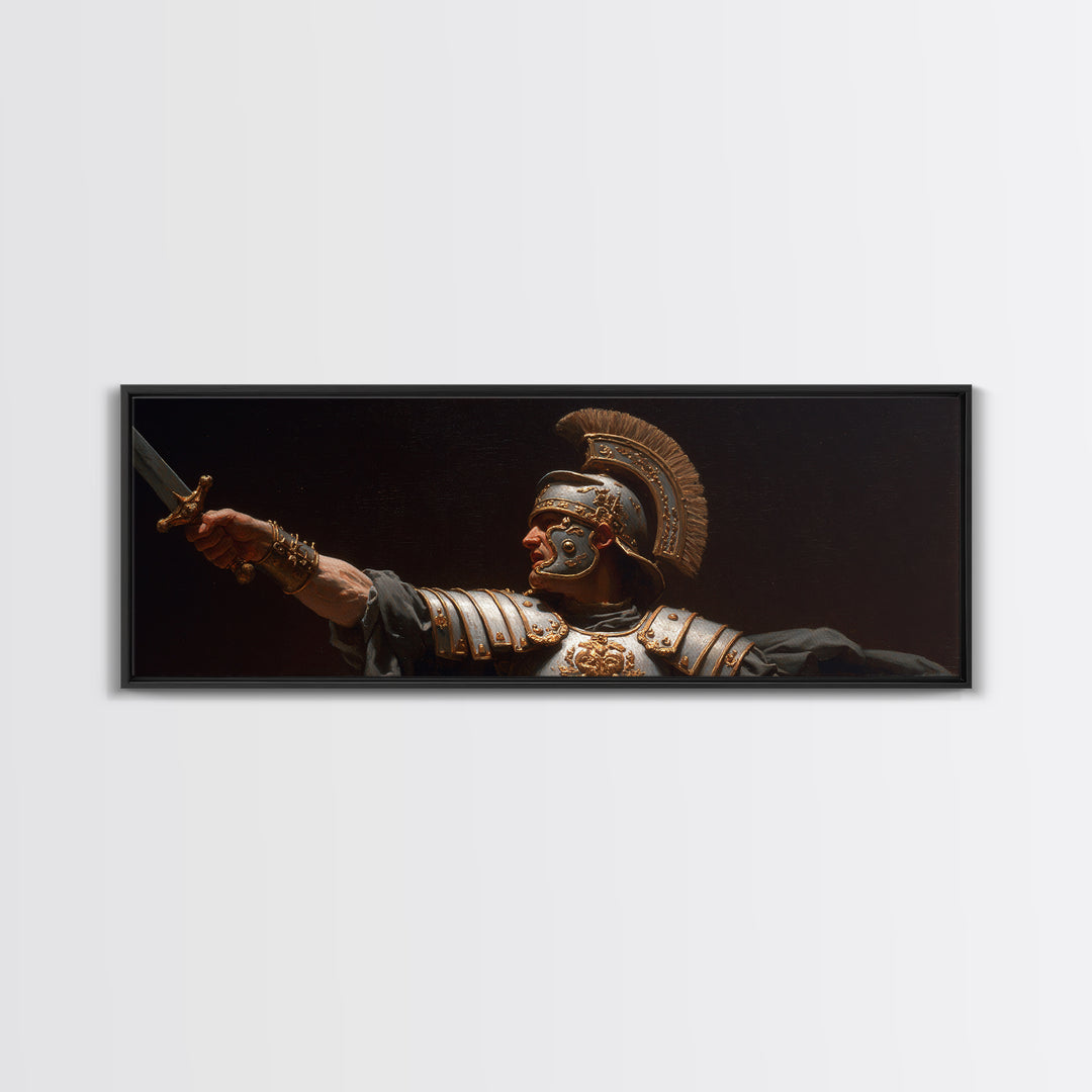 Roman Warrior Sword Portrait Framed Canvas Print, Classical Wall Art, Dark Academia Decor, Mythological Fine Art, Gift For Him