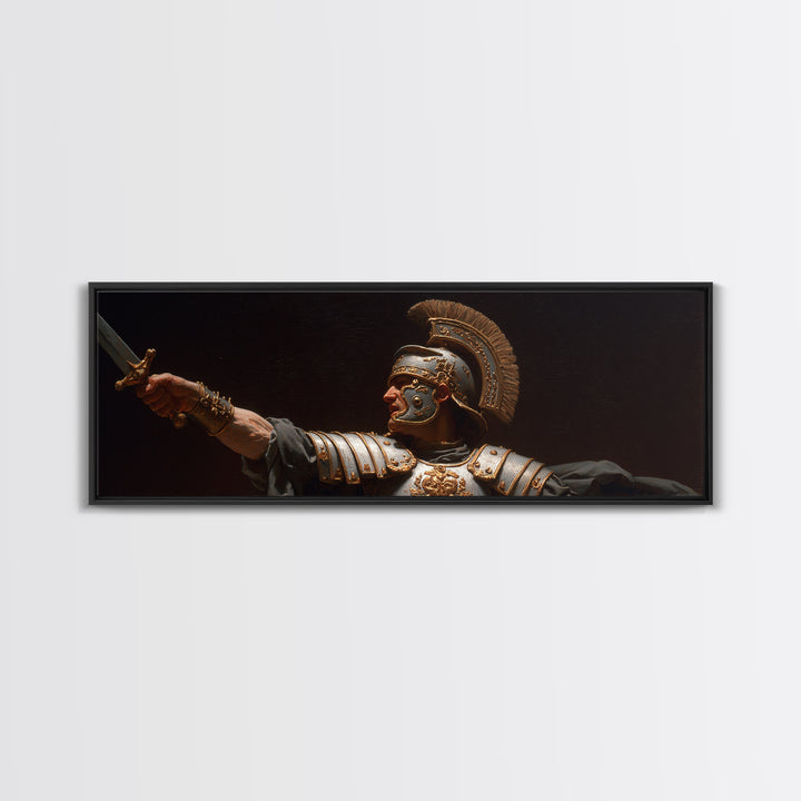 Roman Warrior Sword Portrait Framed Canvas Print, Classical Wall Art, Dark Academia Decor, Mythological Fine Art, Gift For Him