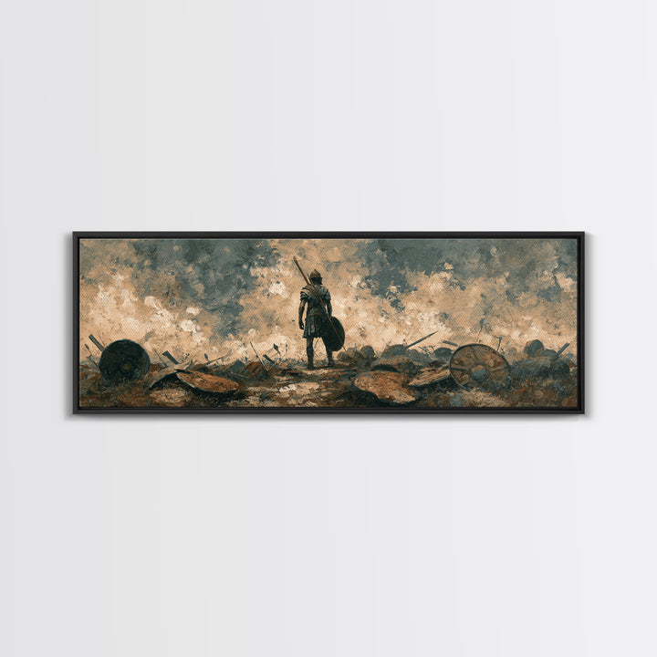 Solitary Warrior On Stormy Battlefield Canvas Print, Historical Wall Art, Moody Office Decor, Dark Academia Gift For Him