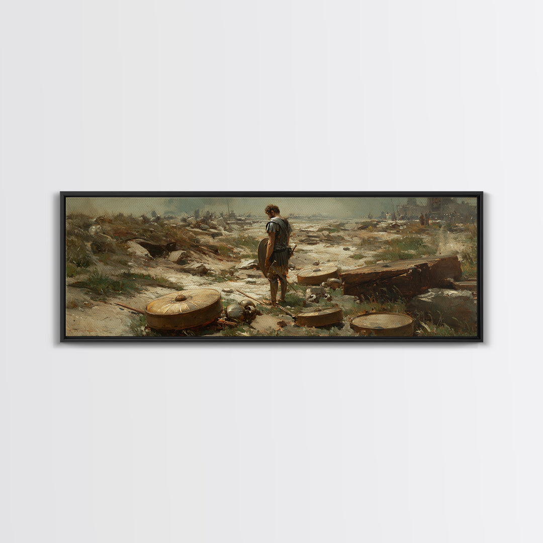 Lone Ancient Warrior Among Shields Wall Art, Roman Battlefield Canvas Print, Historical Decor, Classical Fine Art Prints