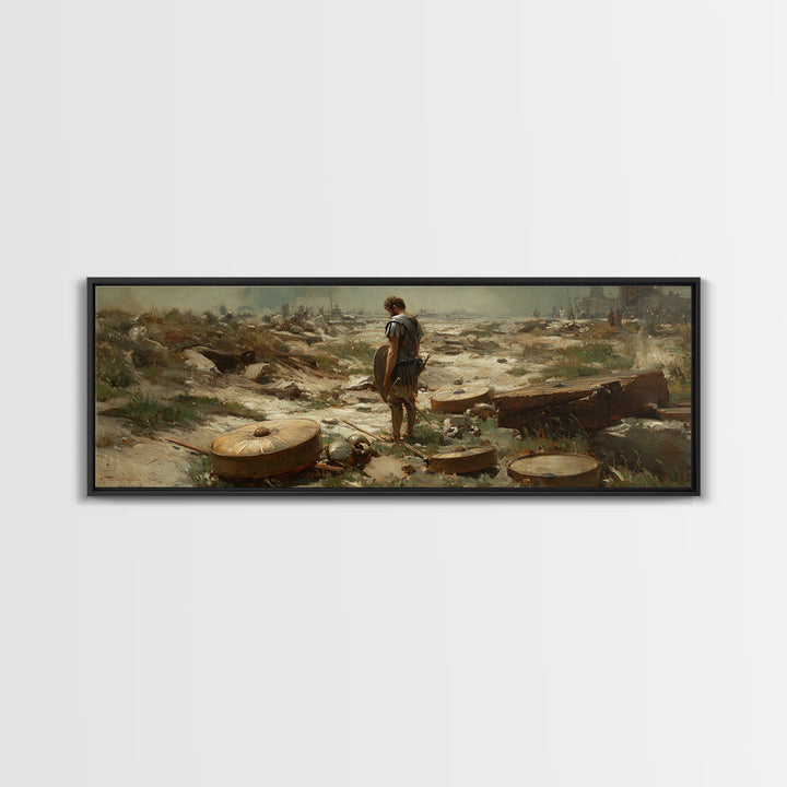 Lone Ancient Warrior Among Shields Wall Art, Roman Battlefield Canvas Print, Historical Decor, Classical Fine Art Prints