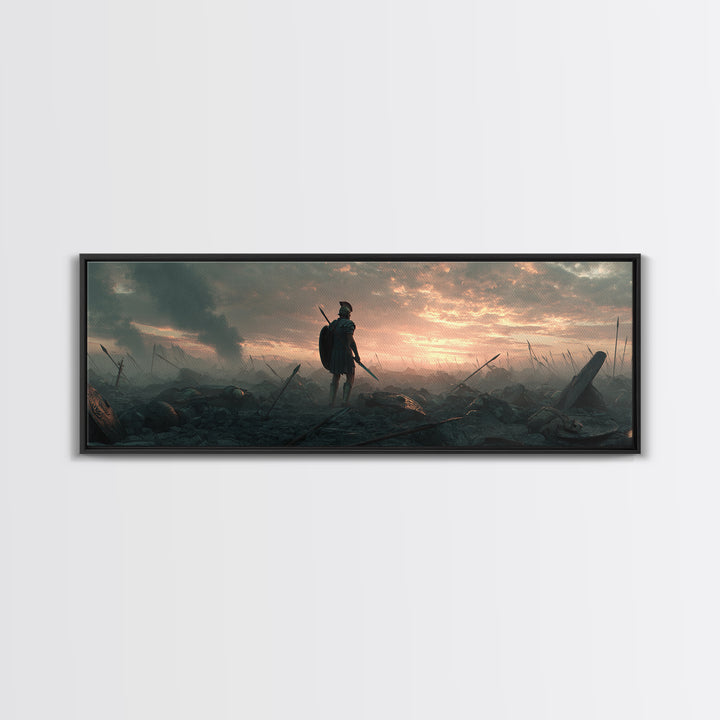 Lone Warrior On Smoky Battlefield Wall Art, Dark Fantasy Canvas, Epic Medieval Landscape, Dramatic Living Room Decor, Above Sofa Decor