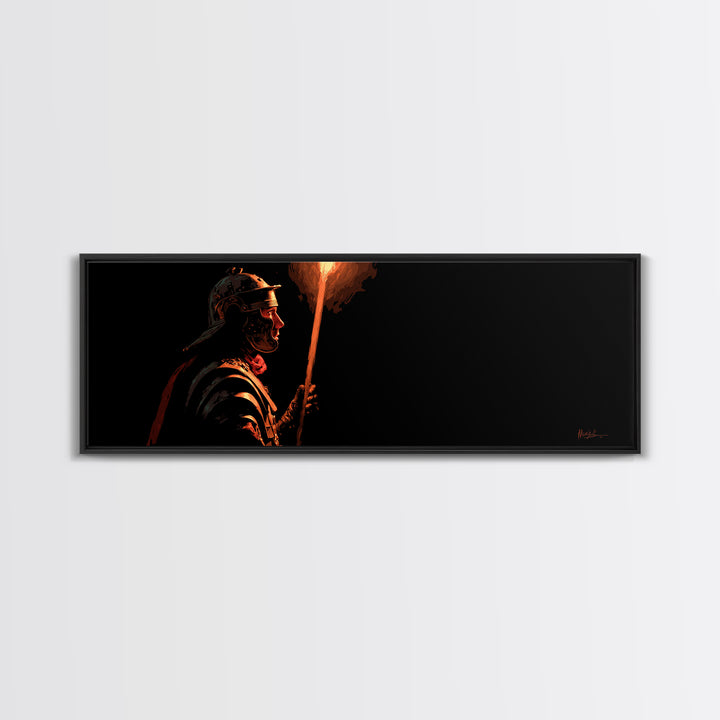 Roman Torch Bearer In Black Canvas Print, Ancient Warrior Wall Art, Dramatic Historical Decor, Masculine Man Cave Gift Print
