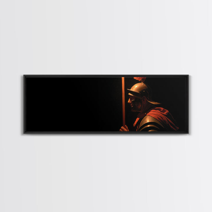 Bold Roman Soldier With Spear Framed Canvas Print, Dark Historical Warrior Wall Art, Masculine Office Decor And Gift For Him