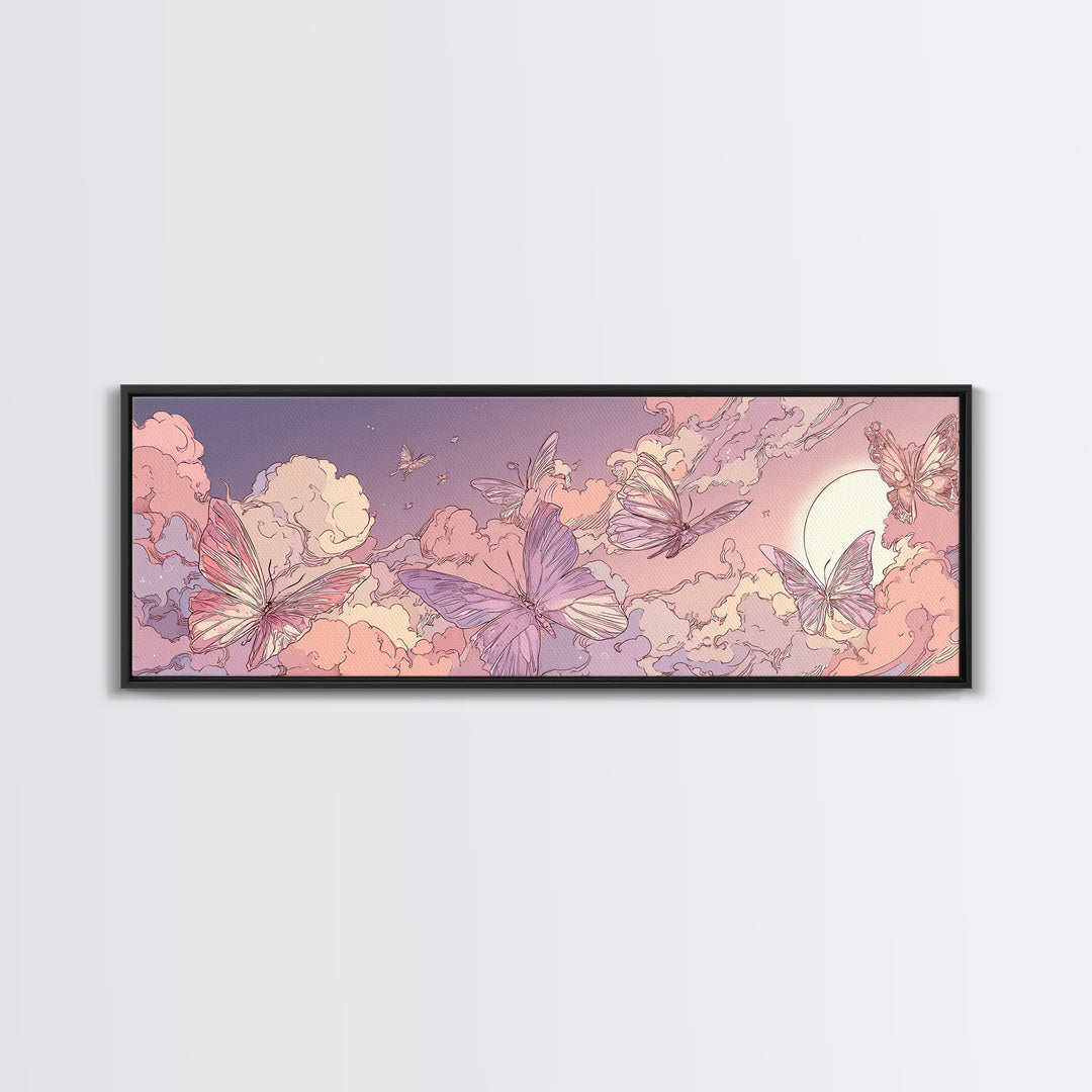 Pink Butterfly Cloudscape Wall Art, Whimsical Celestial Canvas Print, Pastel Nursery Decor, Magical Girls Room Artwork Gift