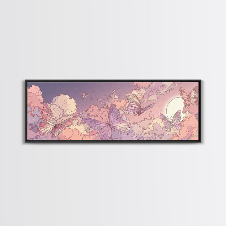 Pink Butterfly Cloudscape Wall Art, Whimsical Celestial Canvas Print, Pastel Nursery Decor, Magical Girls Room Artwork Gift